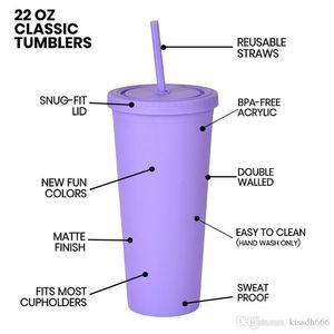 30st 22oz Cups Matte färgade akryl tumblers med lock och sugrör dubbel vägg plast resuerbar tumbler