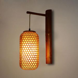 Wall Lamp Vintage Chinese Style Wood Beam Mounted Lantern With Handmade Wicker Lampshade E27 LED Light Fixture For Bedroom Balcony