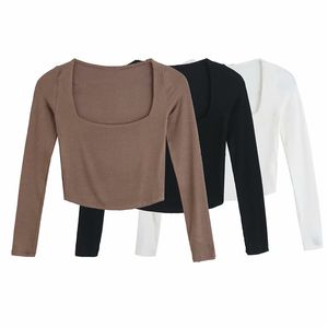 Eleganta kvinnor Solid Square Collar Fashion Ladies Bomull Stickade Korta Toppar Streetwear Kvinna Chic Slim Blouse 210427