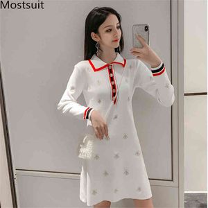 Wholesale bee dress resale online - Knitted Vintage Bees Embroidery Dress Women Spring Autumn Elegant Long Sleeve Turn down Collar A line Mini Dresses Vestido Mujer