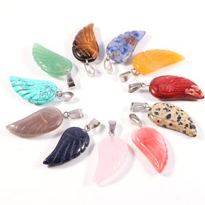 Natural Crystal Rose Quartz Tigers Eye Stone Angel Charms Wings shape Pendant For Diy Earrings Necklace Jewelry Making 30*15mm