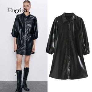 Casual Dresses Women Street Wear Pu Leather Dress Lantern Sleeve Black Slå ner krage Löst sundress 2021