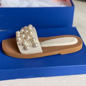 2021 Kvinnor Goldie Slide tofflor Flat Pearl Sandaler Vintage Squared Toe Läder Designer Tofflor Märke Elegant Sandal Beige Svart 5 Färger Toppkvalitet med låda 314