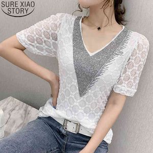 Sommar Kvinnor Mode Europeisk Diamant Vit Lace Shirts Casual V-Neck Short Plaid Blouses Puff Sleeve Toppar 9630 210417