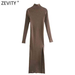 Zevity Womenファッションタートルネック襟のソリッドハイスプリットニットスリムMIDIドレス女性シックな長袖パーティーVestidos DS9037 G1214