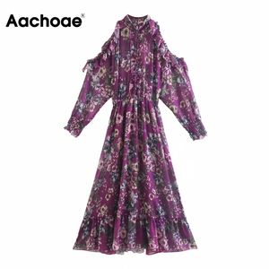 Aachoae Boho Floral Long Dress Woman Off ramię eleganckie plisowane sukienki stojak kołnierzyki szum sukienka jesienna wiosna 210413