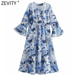 Zevity Women Vintage V Neck Blommigryck Casual Plades Midi Dress Kvinna Chic Butterfly Sleeve Hög midja Party Vestidos DS8179 210603