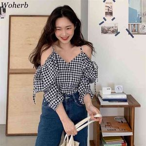 Xadrez Sexy Spaghetti Strap Blusas Mulheres Vintage Alças Soltas Camisas Coreanas Casual Bow Lace-up Blusa Tops Mujer 210519