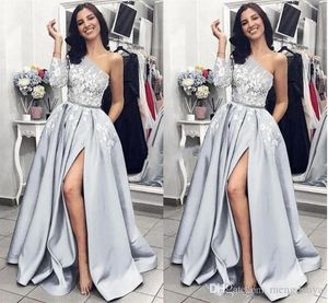 Elegant Prom Dresses One Shoulder High Side Split Sweep Train Formal Party Evening Gown With Pockets Modern Chic graduation Dres