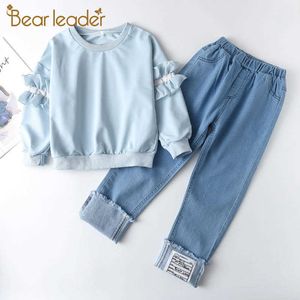 Urso Líder Meninas Activas Roupas Conjuntos de Moda Adolescentes Ruffles Top e Demin Calças Roupas Crianças Roupas Doce 4-13Y 210708