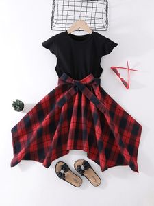 Girls Plaid Ruffle Trim Asymmetrical Hem Belted Dress SHE