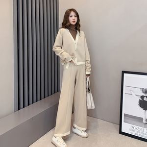 Spring Autumn Women Casual Sweater Pants 2 Pieces Set Female Single Breasted V Neck Topps + Ladies Solid Pattern Knit Pant Suit 210514