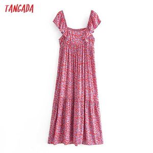 Tangadaファッション女性の花プリントストラップのドレスノースリーブの背中のかわいいフリュラのカジュアルロングドレスQN109 210609