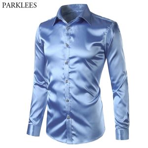 Silk Cetim Camisa Negócios Negócios Weedding Clube Festa de Prom Vestido Camisas Mens Slim Fit Manga Longa Tuxedo Camisa Masculino Camisas 210629