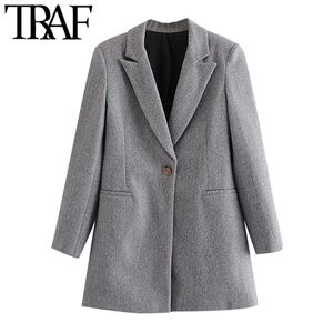 TRAF Women Fashion Office Wear Single Button Woolen Coat Vintage Långärmad Fickor Kvinnlig Ytterkläder Chic Overcoat 210415