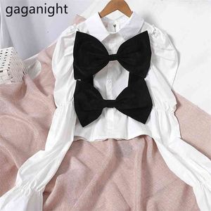Spring Fashion Patchwork Women Blouses With Zippers Korean Puff Sleeve Bow Ladies Toppar Nedgång Collar SHIRTS 210601