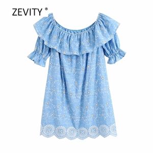 Kvinnor Sexig Slash Neck Hollow Out Broderi Ruffles Mini Dress Ladies Kortärmad PantsKirts Chic Casual Dresses DS4031 210420