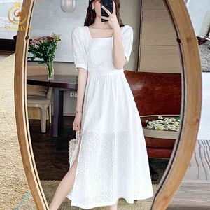 Hollow Out White Blue Lace Cotton Dress Robe Women Design Embroidery Elegant Chic Summer Backless Vestidos 210520