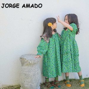 Estilo Coreano Verão Crianças Meninas Vestido Verde Floral Longo Buff Manga Princesa Crianças Roupas 1-7 Anos E13 210610