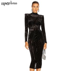 Free Elegant Velvet Midi Dress Women's Stand Collar Long Sleeve Bodycon Hollow Striped Christmas Party 210524