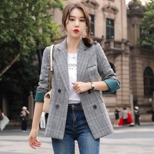 高品質の女性のジャケットスリムフィットオフィススーツ秋と冬の格子縞の長袖レディースブレザーファッション210527