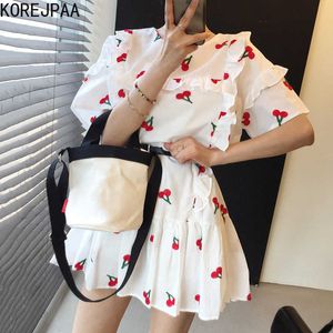 Korejpaa Women Mini Dress Summer Korean Fashion Sweet Cute O Neck Cherry Embroidery Fold Stitching Short Sleeve Doll Dresses 210526