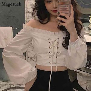 Autumn Sexy Women Blouse Long Puff Sleeve Solid Vintage Shirts Fashion Slim Off Shoulder Tops 10164 210512