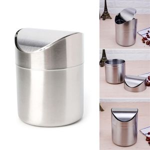 YAS Stainless Steel Desk Trash Bin Countertop Waste Can With Swing Lid 1.5 L Mini DustBin 211222