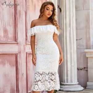 Summer Off Shoulder Ruffle Bandage Dress Sexy White Lace Midi Women's Club Celebrity Party Bodycon 210525