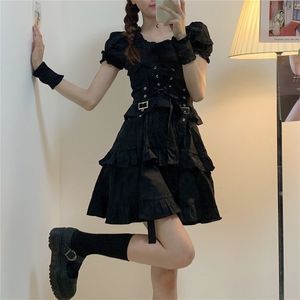 QWEEK Women's Gothic Lolita Dress Punk Mall Goth Kawaii Cute Ruffle Bandage Black Mini Emo Clothes Summer 210623