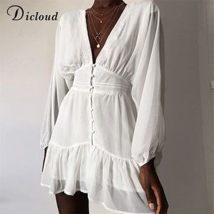 Dicloud Sexy Plunge V Neck Damska Summer Sukienka Biała Koronka Z Długim Rękawem Mini Wedding Party Dress Wzburzyć Eleganckie ubrania 210730