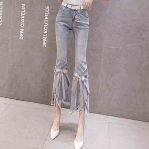 High Waist Jeans Women Ripped Cropped Women's Spring Summer Irregular Beaded Bow Flared Denim Pants Ladies 211129