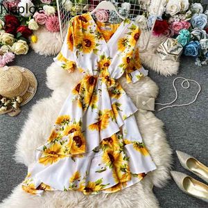 Flower Print Dress Women Fashion V Neck Short Sleeve Holiday Dresses Elegant Casual Slim Waist Ladies Vestidos 1C401 210422