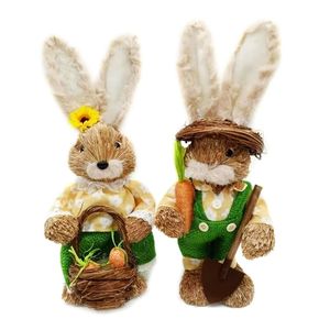 OOTDTY 2PCS Söt halmkaniner Bunny Dekorationer Påskfest Hem Trädgård Bröllop Ornament PO Props Crafts 210924