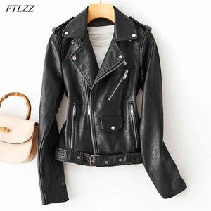 Mulheres Clássico PU Curta Jaqueta de Couro Com Cinto Streetwear Moto Motociclista Collar Cola Faux Soft Jackets Outwear 210430