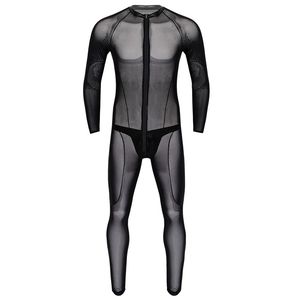 Catsuit Costumes Men See Through Sheer Mesh Catsuit Lingerie Round Neck Long Sleeves Leotard Bodysuit Jumpsuit Faux Leather Briefs Underwear