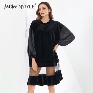 Abito nero in maglia patchwork per donna O collo manica a lanterna Abiti casual larghi Abbigliamento moda femminile Stile 210520