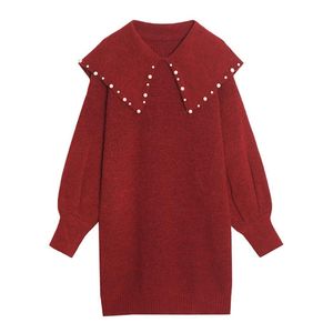 Yitimuceng Diamonds Dresses for Women A-Line Solid Red Spring Peter Pan Collar Long Sleeve Clothing Office Lady Fashion 210601