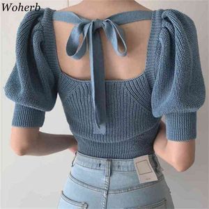 Women Square Collar Knitted Short Sweaters Sexy Backless Bow Bandage Crop Thin Summer Outwear for Female Fashion Top 210519