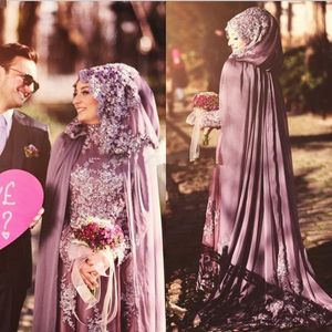 Modest Arabski Muzułmański Muzułmański Syrenka Suknia Ślubna Z Cap Cloak Aplikacje Koronkowe Koraliki Wysokiej Neck Długie Rękawy Suknie Ślubne Bliski Wschód Kobiety Formalne Suknie