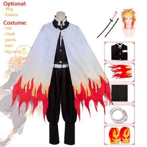 Anime Cloak Kimetsu No Yaiba Train Mugen Rengoku Kyojuro Cosplay Costume Demon Slayer Adult Kids Wig Katana Sward Cosplay Outfit Y0903