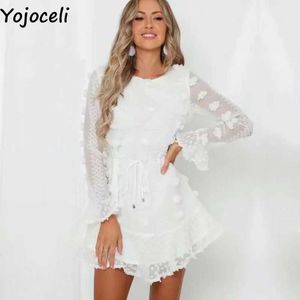 Yojoceli Elegancka Biała Koronka Jesień Dres Casual Party Krótkie Codzienne Kobiet Vestidos Sexy Luźne Wzburzyć ES 210609