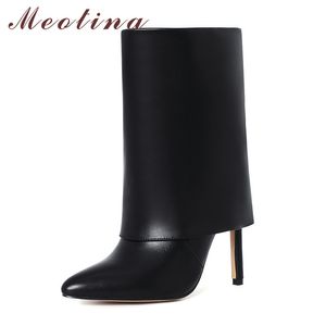 Meotina Mid Calf Boots Женская обувь указывала носячечные каблуки каблуки моды сапоги на экстремальные сапоги на высоком каблуке женская зима черный 210520