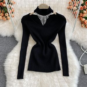 Autumn Winter New Design Women's Halter Neck Rhinestone Patchwork Stand Collar långärmad stickad tröja topphoppare