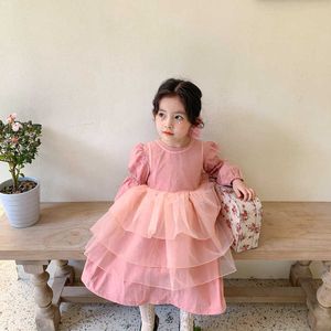 Primavera stile coreano Little Princess Layered Dress 2 pezzi set Neonate Fashion Cute manica lunga abiti da festa di compleanno 210615