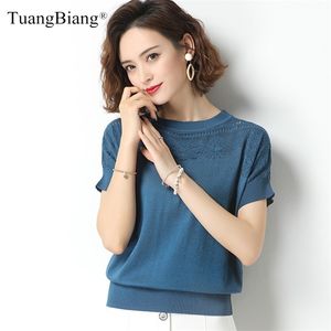 Lace Flowers Hollow Out Summer Short Sleeve Pullover Women Cotton Eyelet Sexy Elasticity O-Neck Sweater Female Blue Knitted Tops 210806