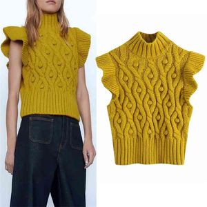 Jesień Żółty Pompony Kamizelka Sweter Kamizelka Kobiety Vintage Ruffles High Neck Pullovers Bez Rękawów Topy 210519