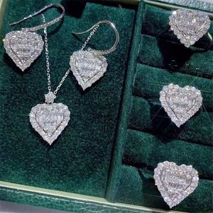 2021 Choucong Cocktail Conjunto de Jóias de Luxo Prata Esterlina 925 Completo T Corte Princesa Topázio CZ Diamante Pingente de Coração Brinco Feminino Anel Casamento Clavícula Colar Presente