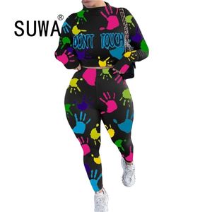 Multicolor Hands Letter Print Plus Size Två Piece Tracksuit Women Set Långärmad Bandage Crop Top Slim Fit Legging Sportswear 210525