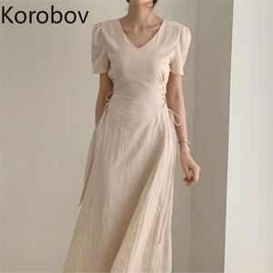 Korobov vintage v neck mulheres vestido sólido coreano lacing alta cintura slim robe femme elegante manga curta retro vestidos mujer 210430